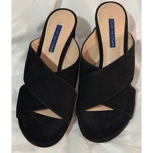 Stuart Weitzman Galene Black Suede Block Heel Mules Open Toe Sandals Spain 8.5